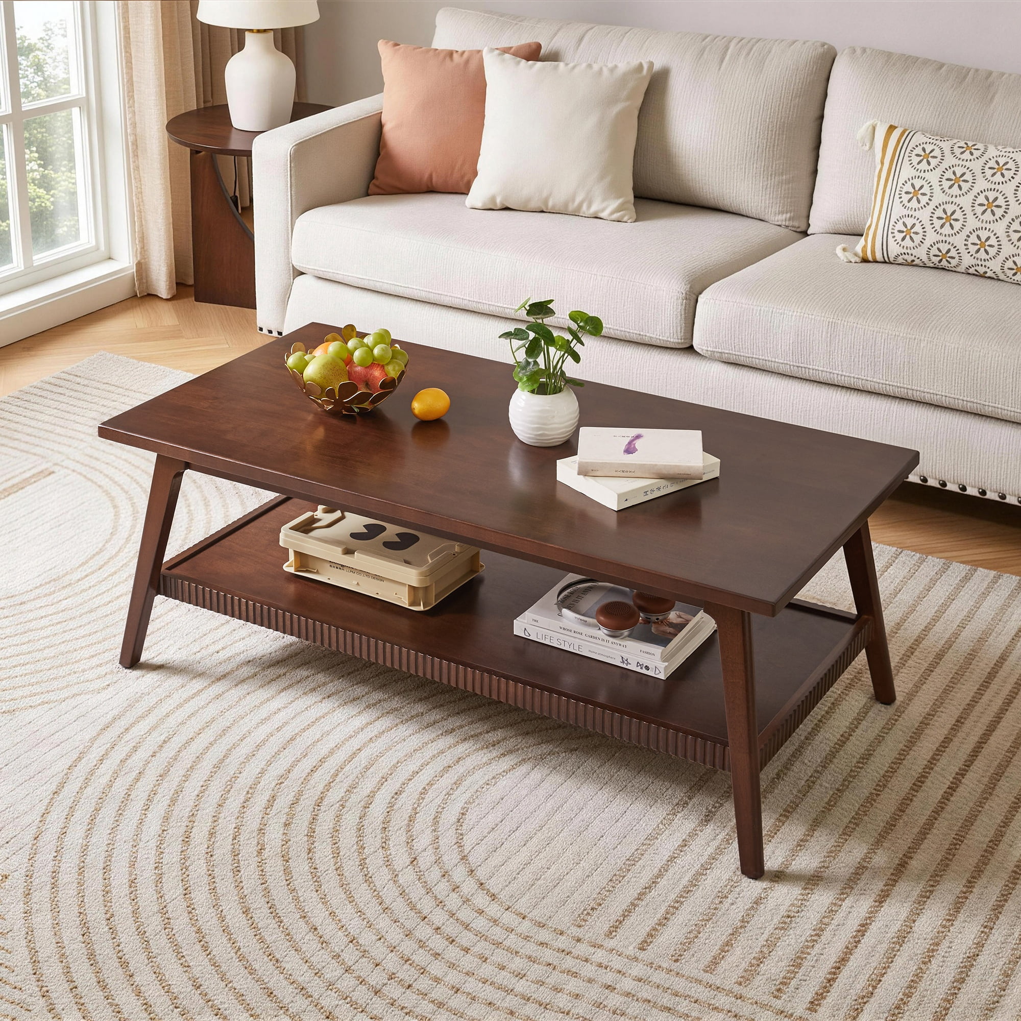 GARITIN Solid Wood Coffee Table, Rectangular Living Room Coffee Table with Lower Storage Shelf, Wooden Center Cocktail Table for Home Apartment Office, Walnut
