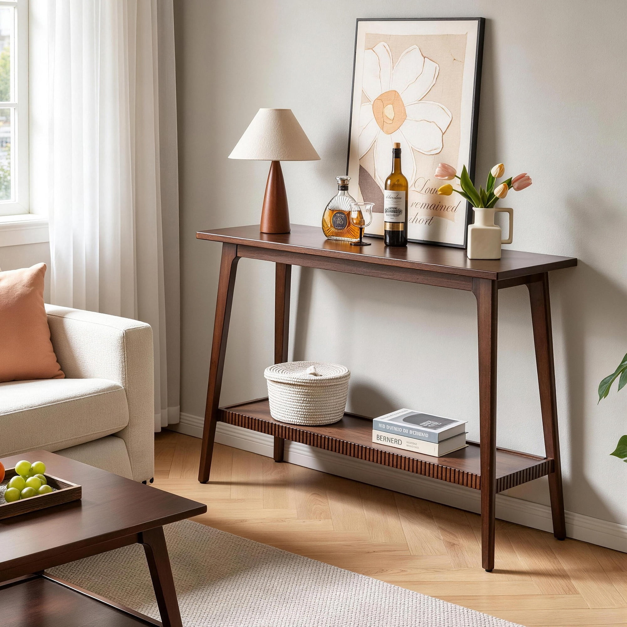 GARITIN Solid Wood Console Table, 2-Tier Entryway Sofa Table, Narrow Long Hallway Accent Table with Storage Shelf, Sofa Side Table for Living Room Foyer, Walnut