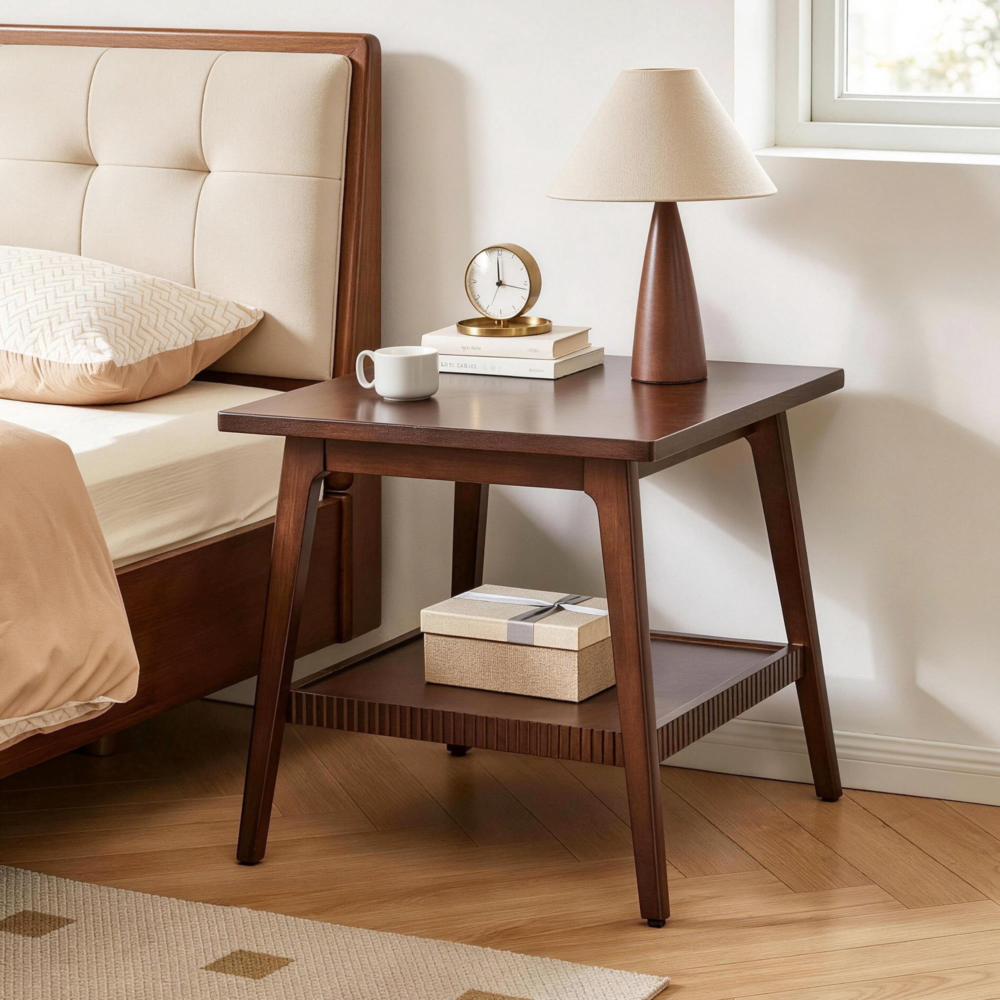 GARITIN Solid Wood End Table, 2-Tier Square Side Table with Storage Shelf, Modern Nightstand Accent Table for Living Room Sofa Couch Side, Walnut