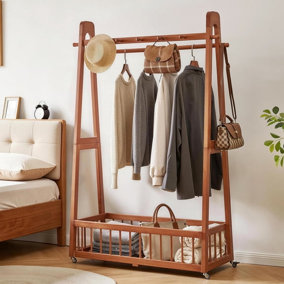 GARITIN Solid Wood Freestanding Clothing Garment Rack, 38 Inch Mobile Wooden Clothes Hanger Stand with Lockable Wheels, Multi-Hook Hanging Rod & Storage Basket for Bedroom Closet, Cherry