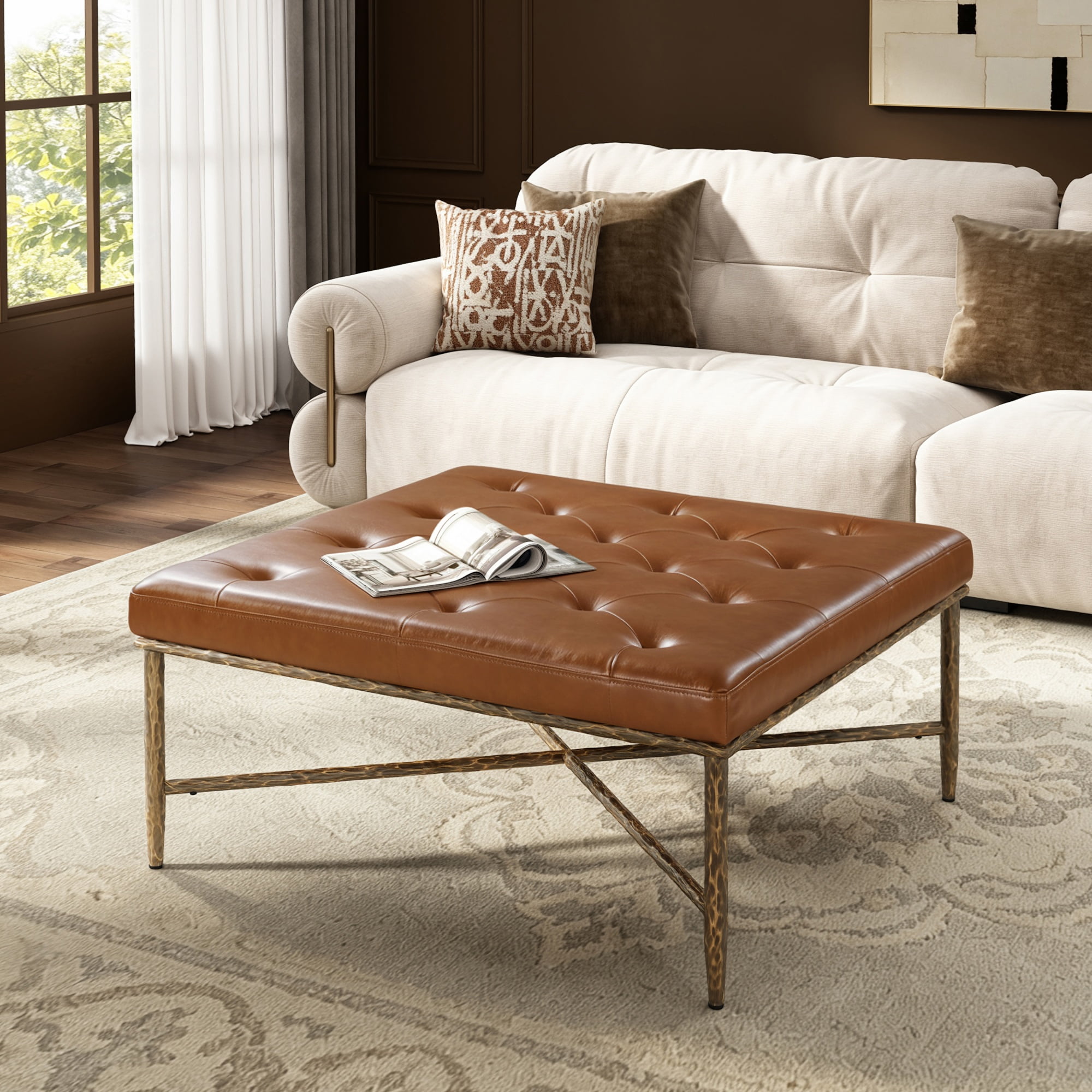 GARITIN Square Tufted Ottoman 36 Inch, Upholstered Footrest with Durable Metal Frame for Living Room Bedroom, Brown