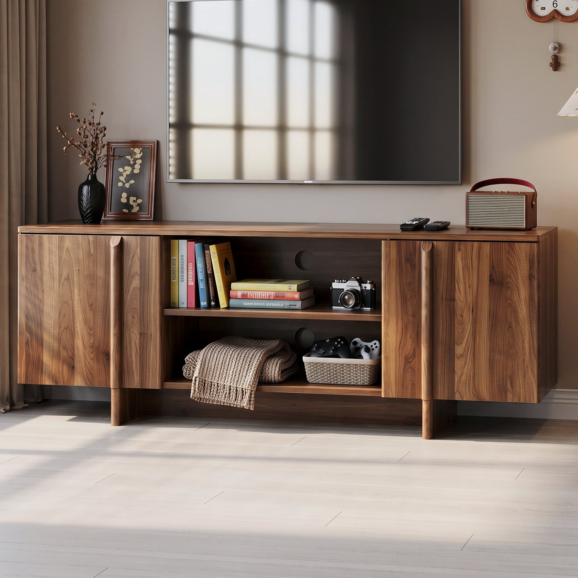 GARITIN TV Stand and Entertainment Center 55 Inch, Mid Century Modern Farmhouse Media Console with Storage Shelves and Cable Management for Living Room, Walnut