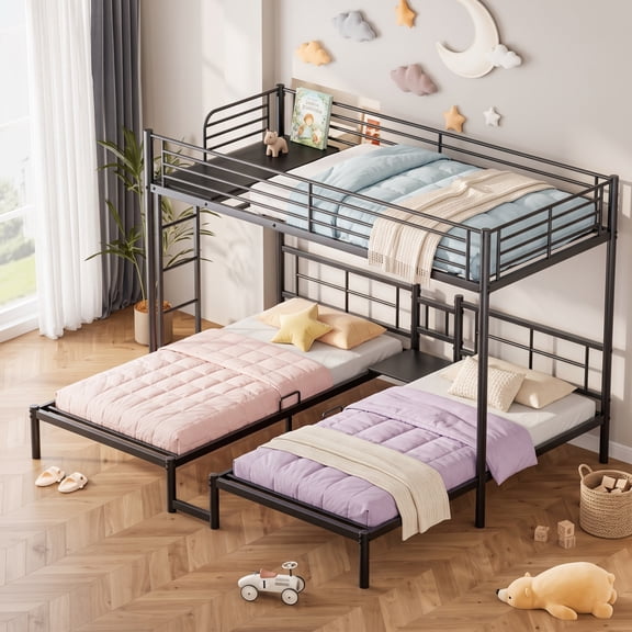 GARITIN Triple Bunk Bed for 3 People Twin XL Over Twin Size, Sturdy Metal Frame with Full Guardrail, Includes Ladder and Storage Shelf, Space Saving Bedroom Furniture, Black