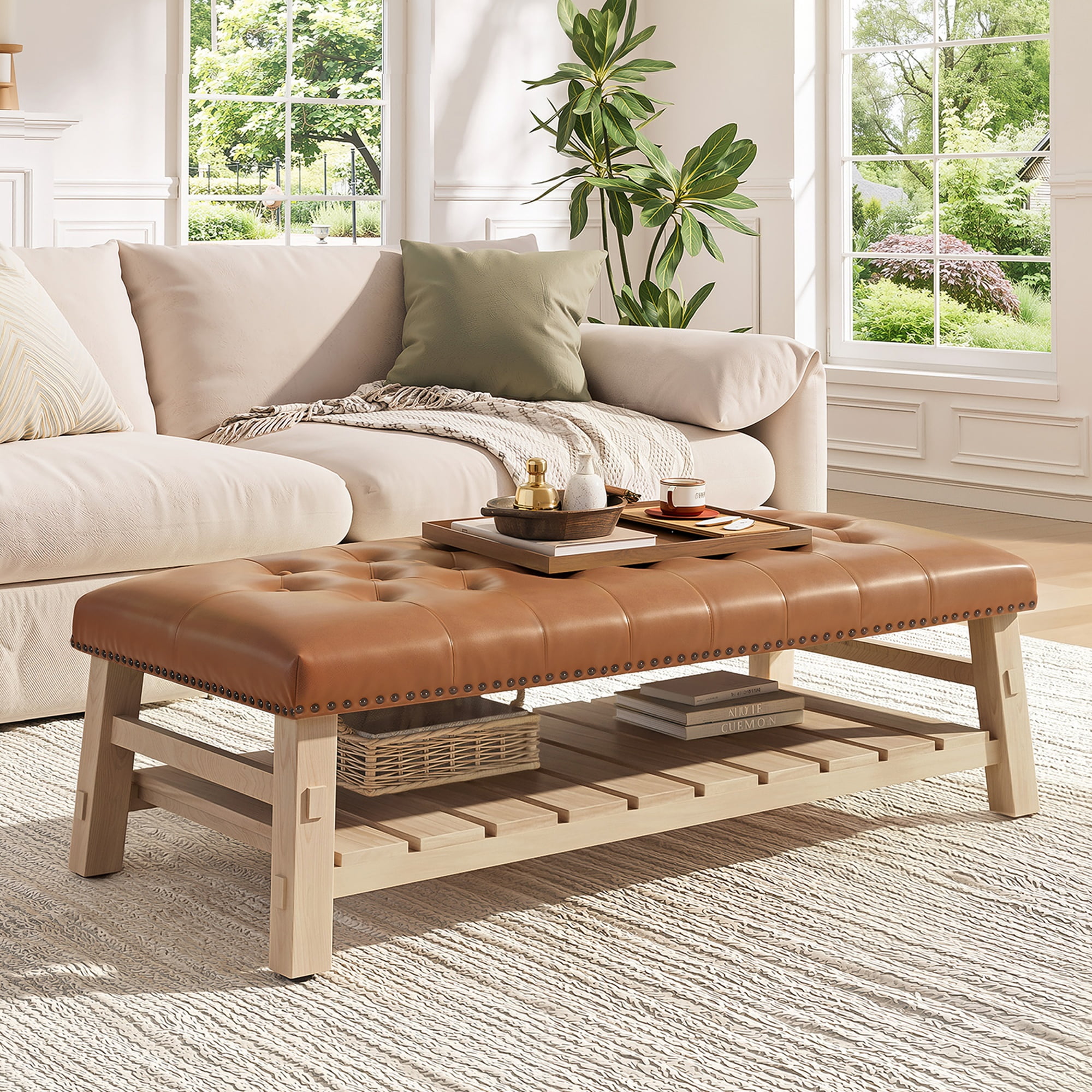 GARITIN Tufted Rectangle Ottoman 48 Inch, Large Upholstered Footstool Coffee Table with Slatted Storage Shelf and Nailhead Trim, Brown