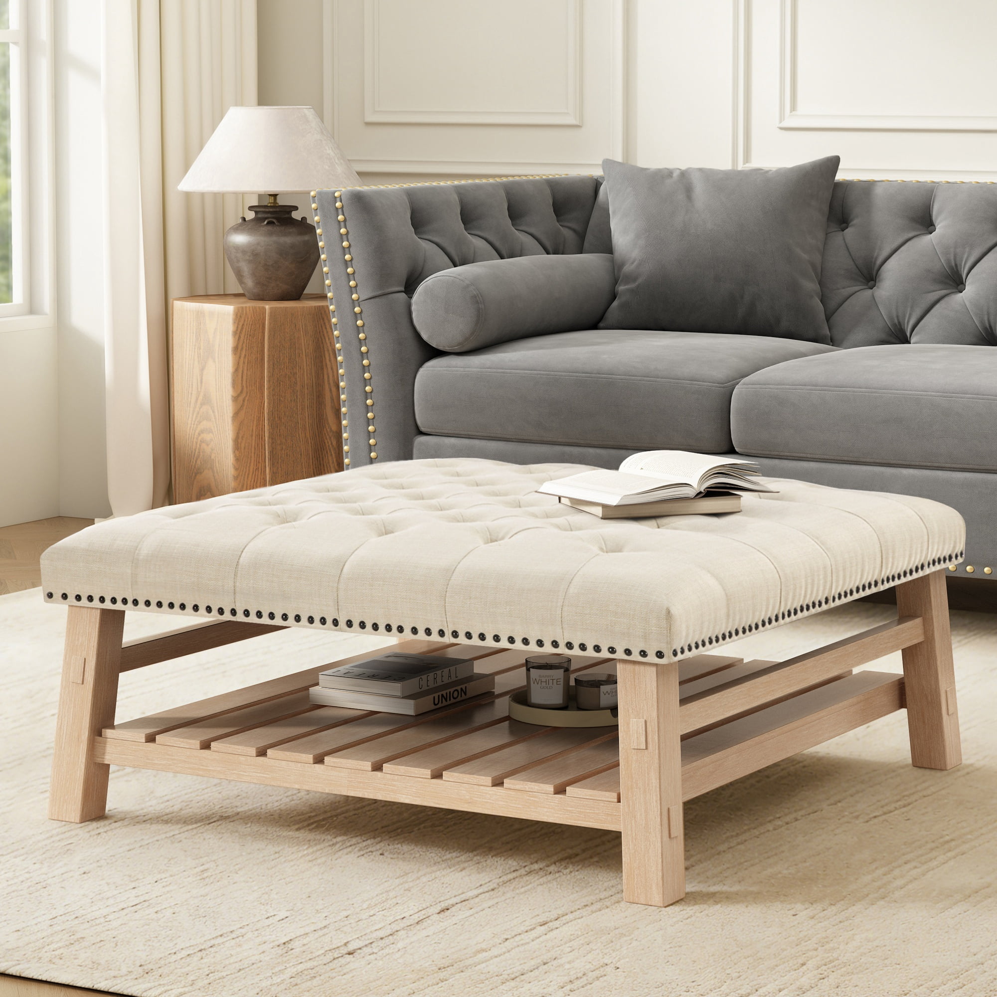 GARITIN Tufted Square Ottoman 41.5 Inch, Large Upholstered Footstool Coffee Table with Slatted Storage Shelf and Nailhead Trim, Beige