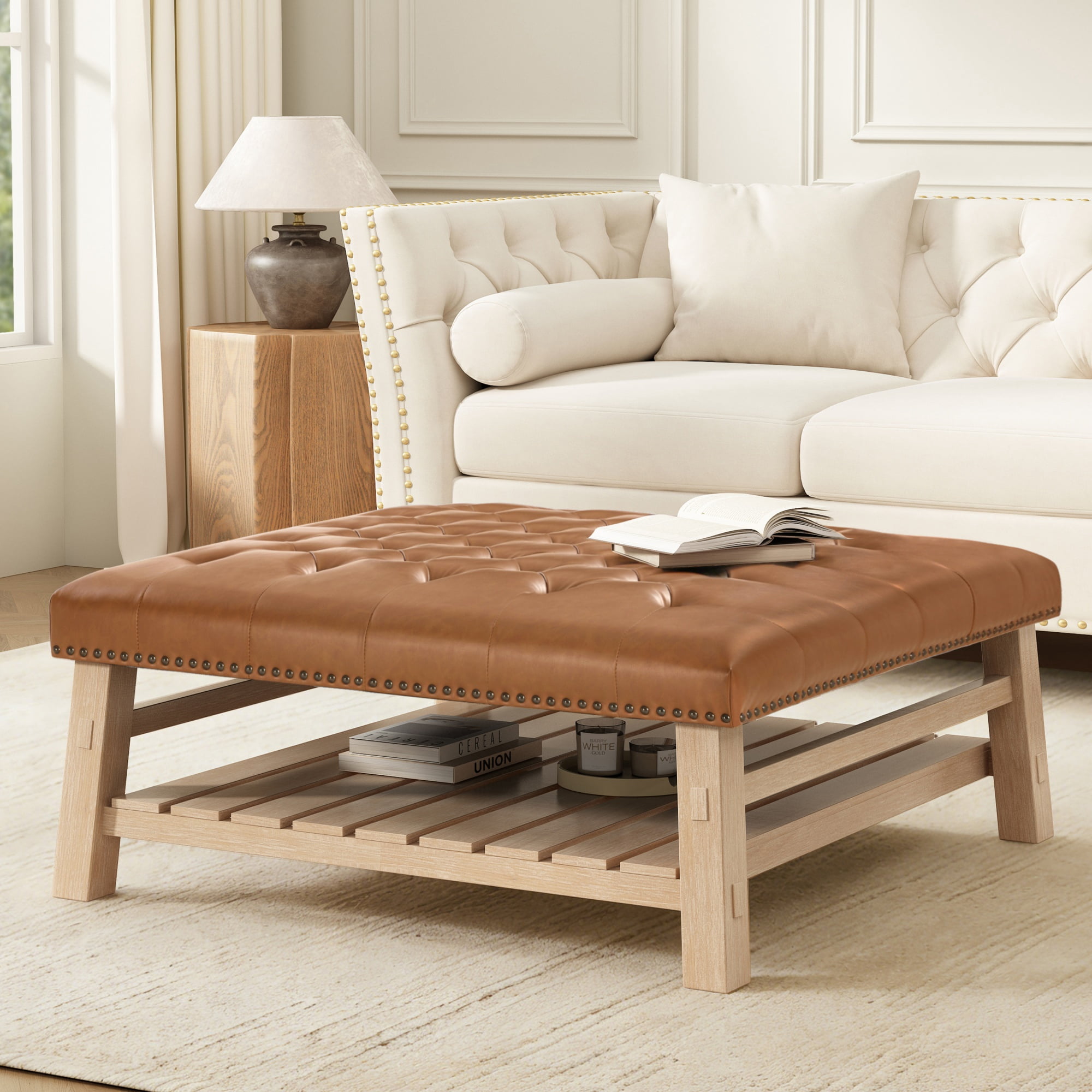 GARITIN Tufted Square Ottoman 41.5 Inch, Large Upholstered Footstool Coffee Table with Slatted Storage Shelf and Nailhead Trim, Brown