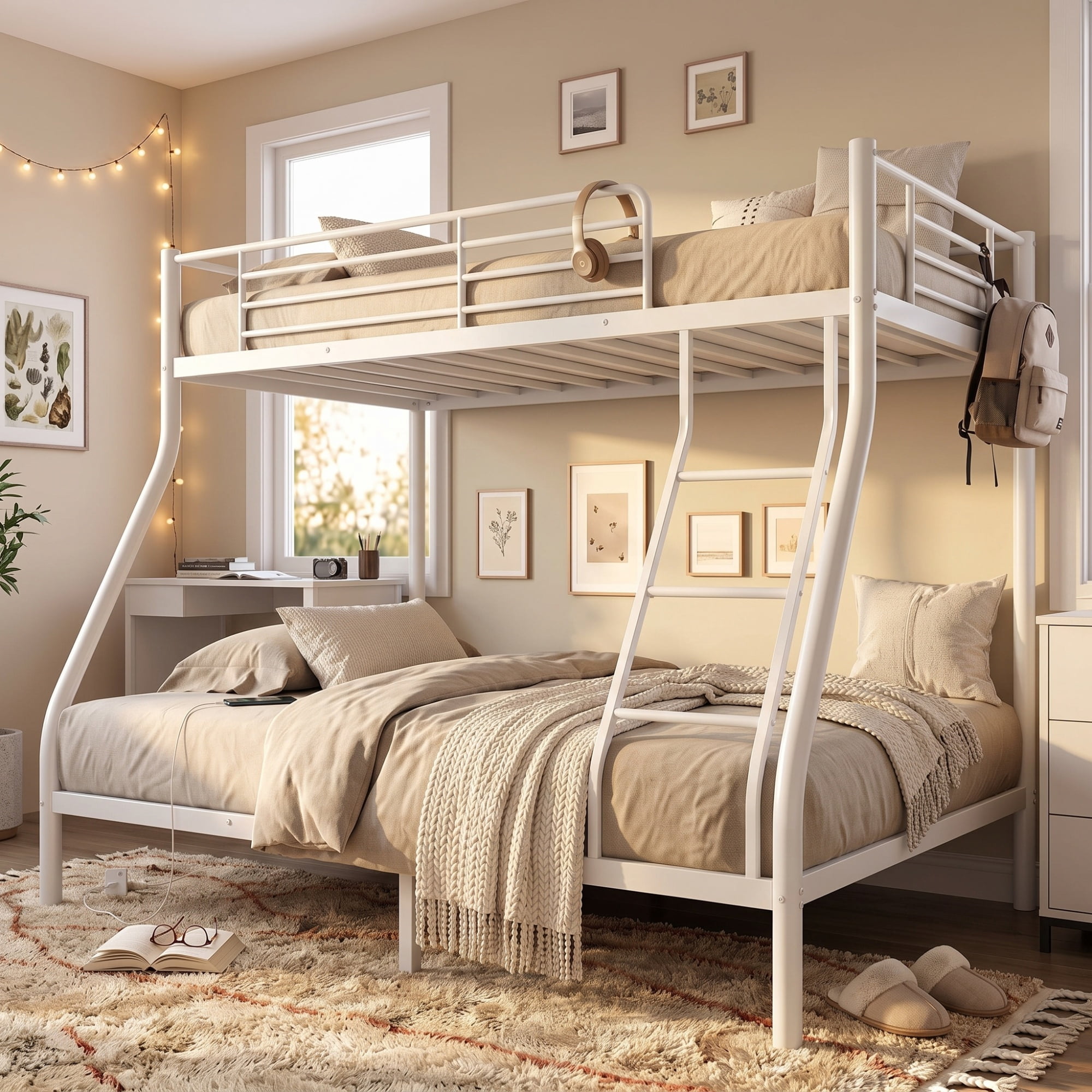 GARITIN Twin Over Full Bunk Bed and Sturdy Metal Bed Frame, Space Saving Bunk Bed with Safety Guardrails and Ladder for Teens Adults Kids and Shared Rooms, No Box Spring Needed, White