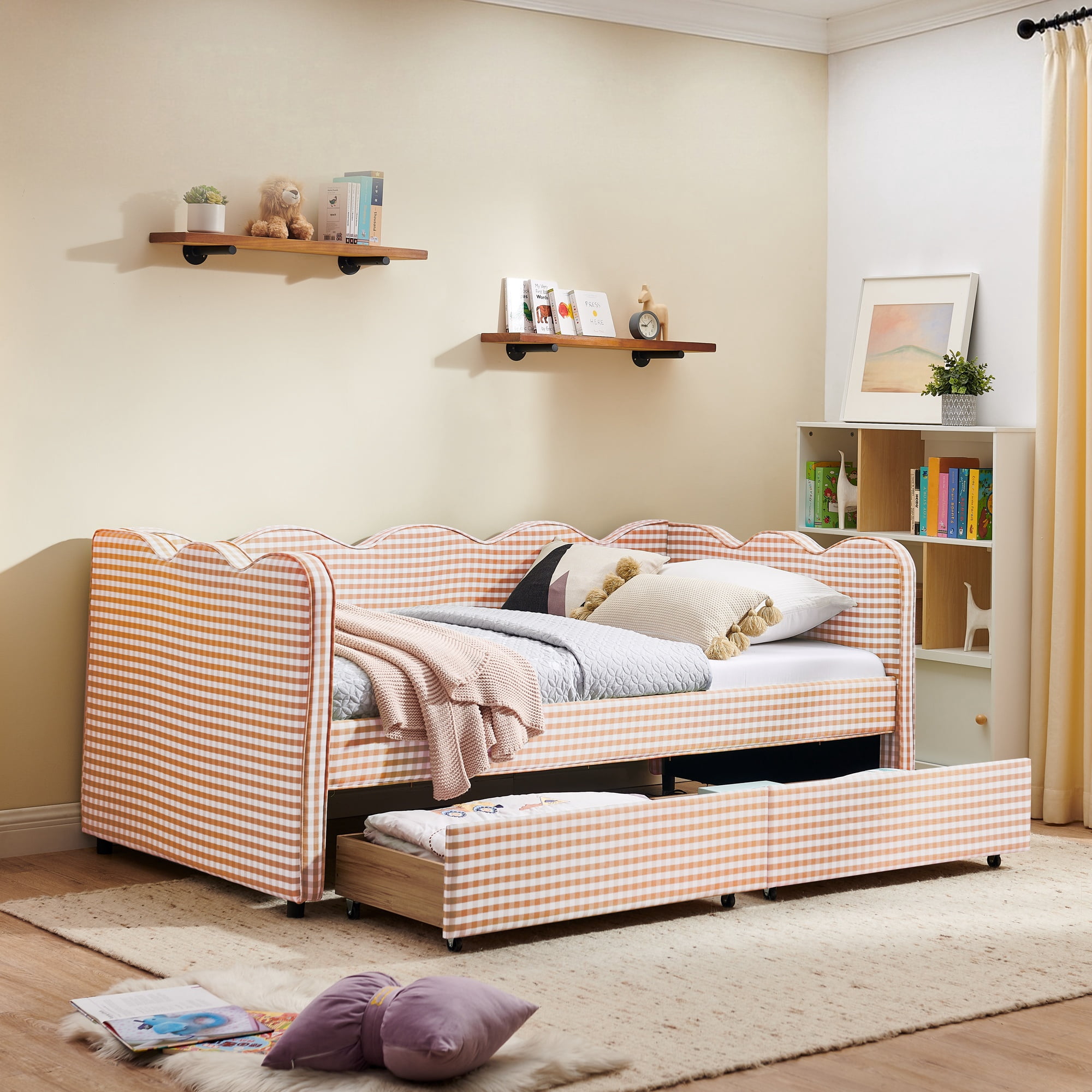 GARITIN Twin Size Daybed with 2 Storage Drawers, Gingham Sofa Bed with USB Port and Wavy Headboard for Kids Room, Pink