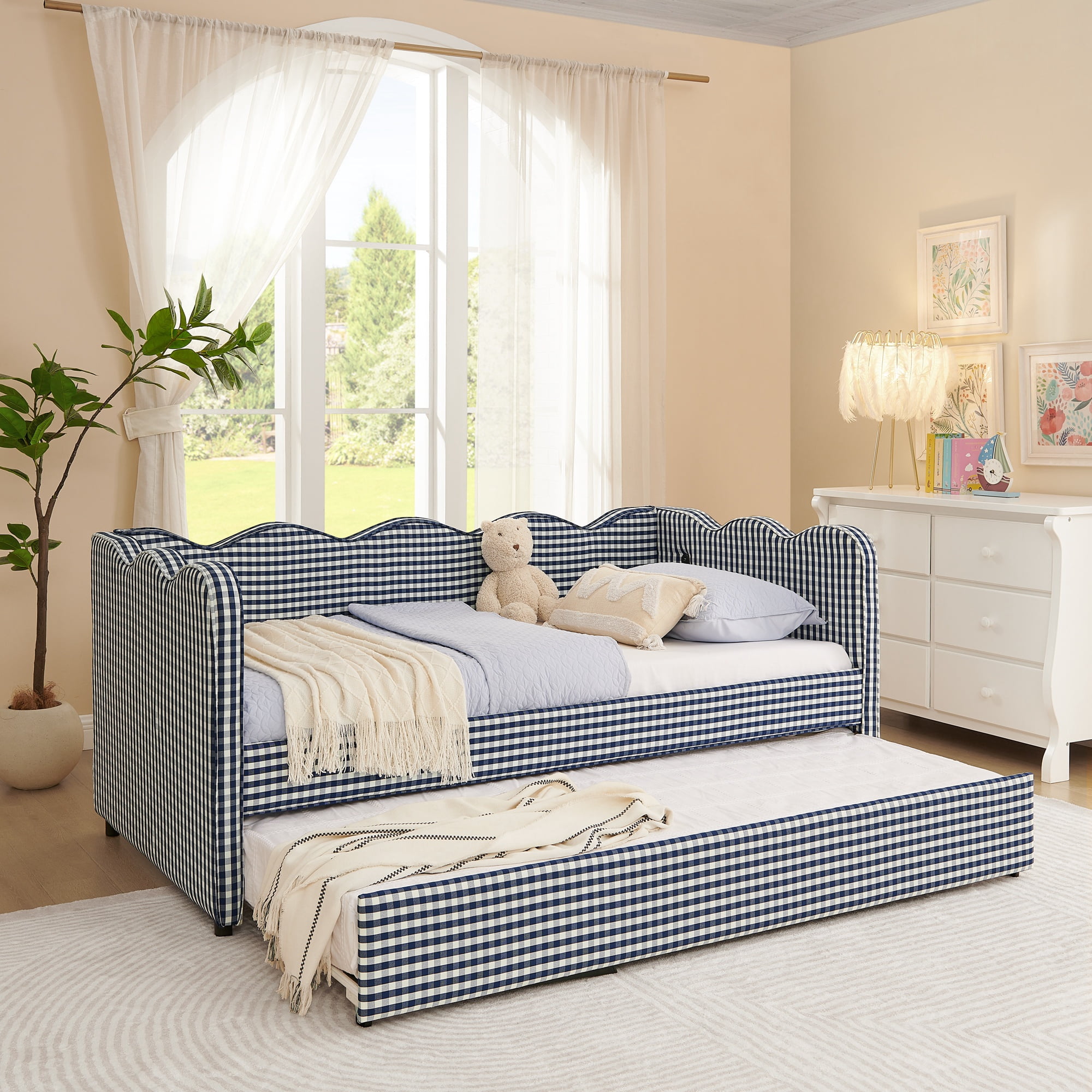 GARITIN Twin Size Daybed with Trundle, Gingham Sofa Bed with USB Port and Wavy Shape Headboard for Kids Room, Navy