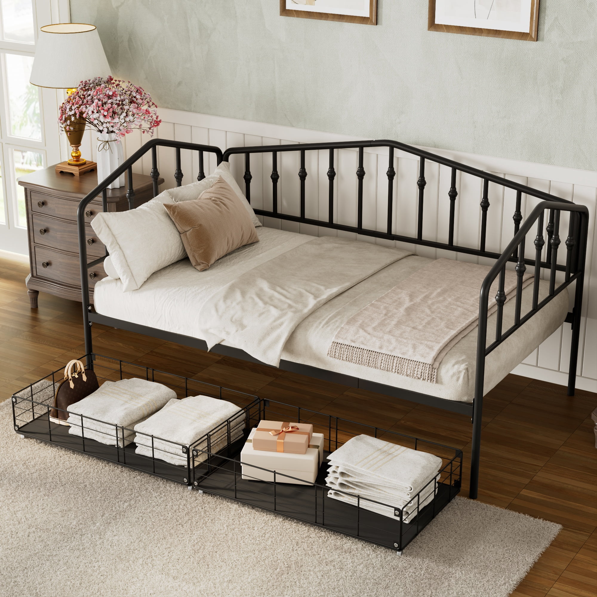GARITIN Twin Size Metal Daybed with 2 Drawers, Storage Daybed Frame with Drawers for Bedroom Guest Room, Black