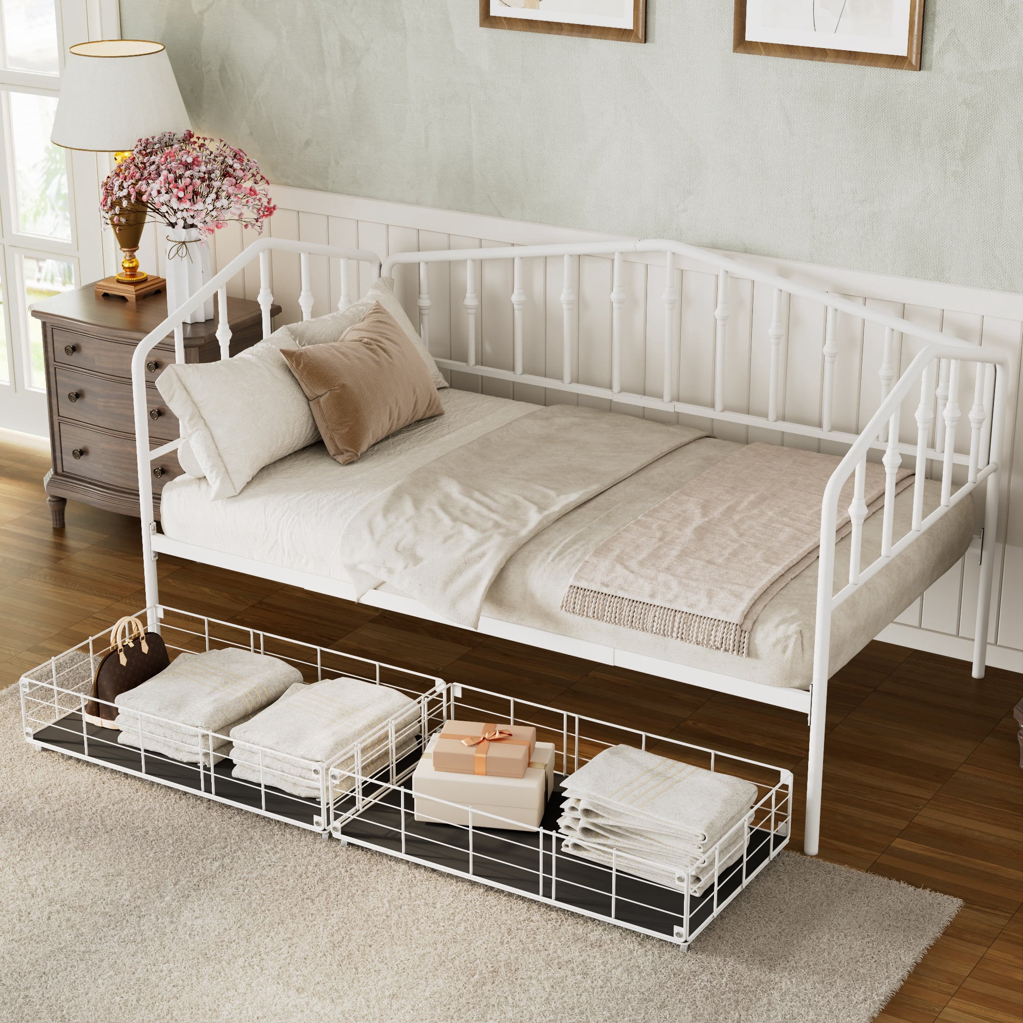 GARITIN Twin Size Metal Daybed with 2 Drawers, Storage Daybed Frame with Drawers for Bedroom Guest Room, White