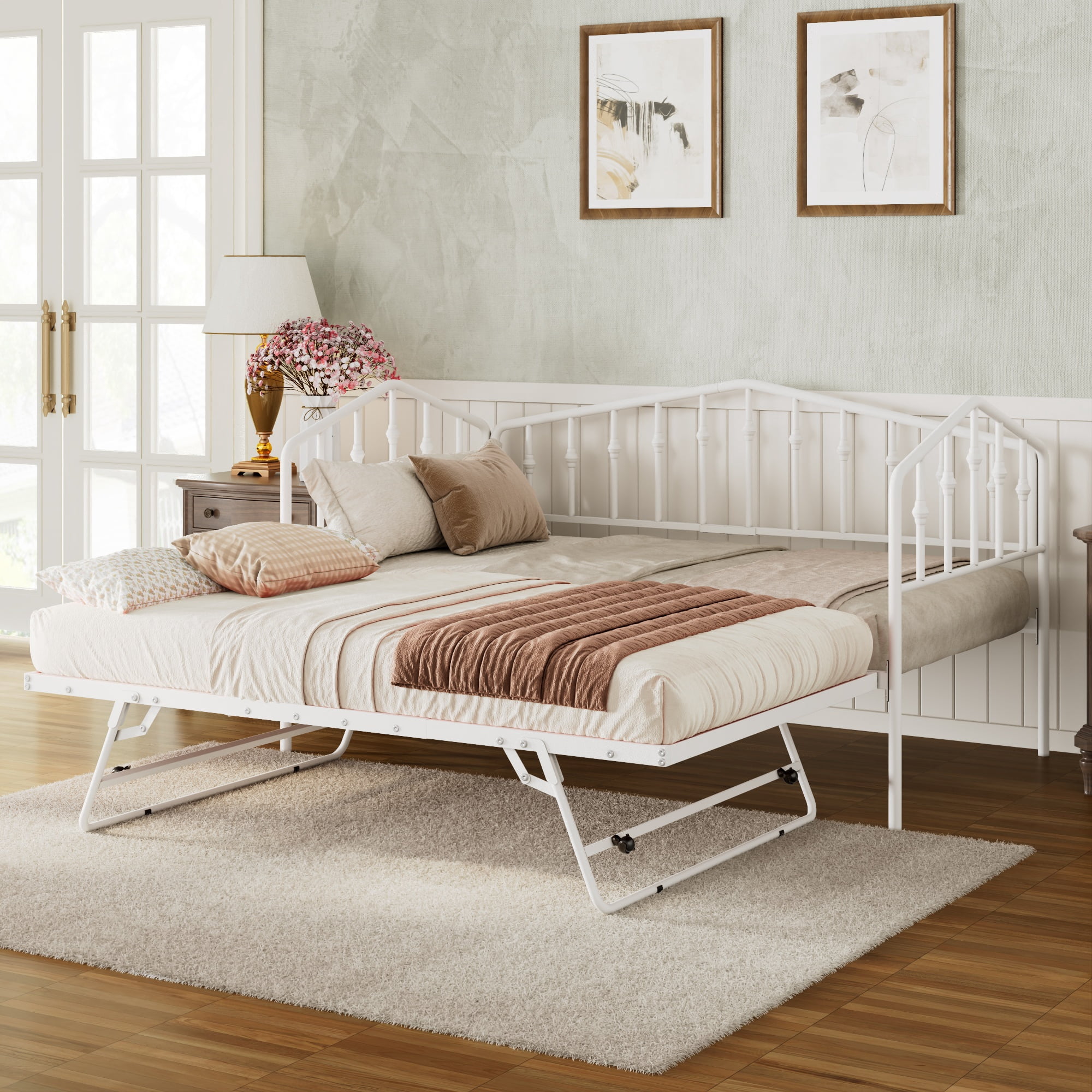 GARITIN Twin Size Metal Daybed with Adjustable Trundle, Portable Folding Trundle Bed Frame for Guest Room, White