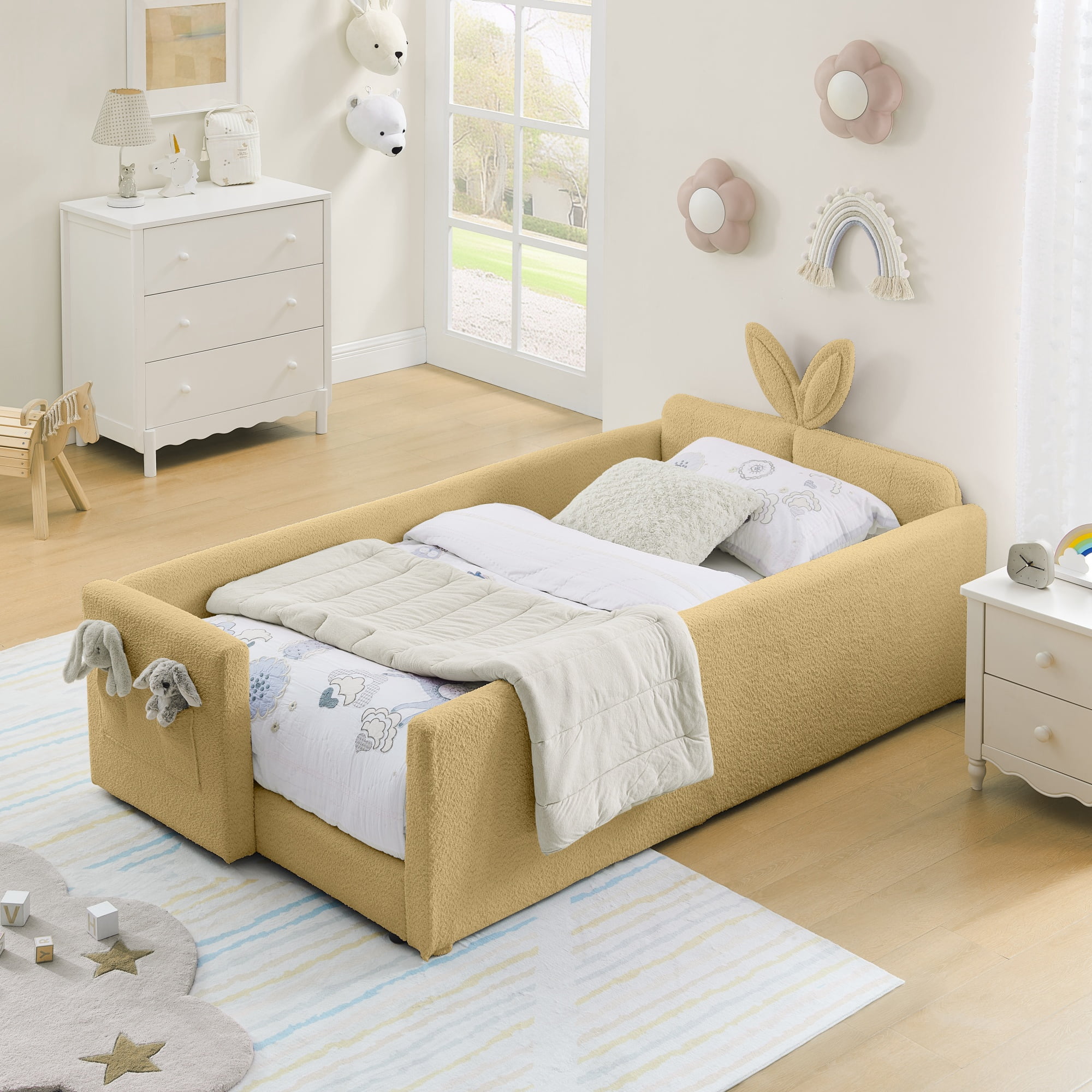 GARITIN Twin Size Upholstered Platform Bed, Rabbit Ear Shaped Headboard with Safety Rail and Pocket for Kids Room, Yellow
