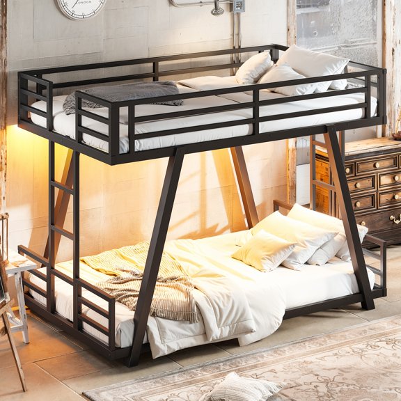 GARITIN Twin over Twin Bunk Bed, Metal Bunk Bed with 2 Side Ladders, Support Leg Design & LED Light, Low Profile Bunk Bed for Bedroom Guest Room Dorm, Black