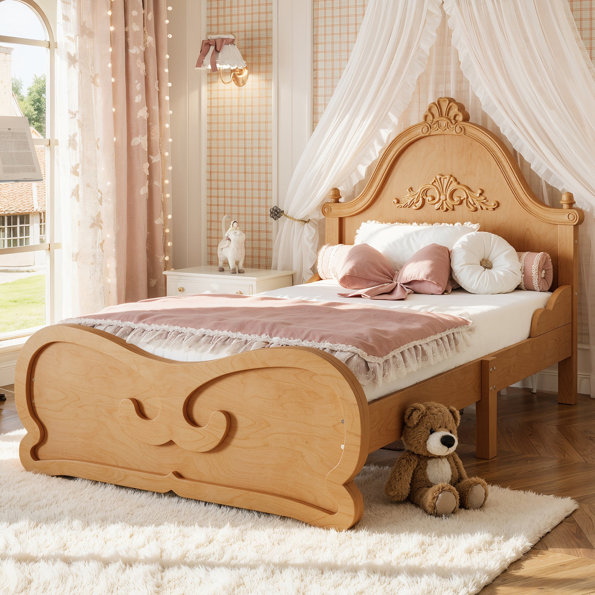 GARITIN Twin Vintage Carved Platform Bed with Headboard, Solid Wood Bed Frame with Slatted Support, Low Profile Platform Bed, No Box Spring Needed, Natural