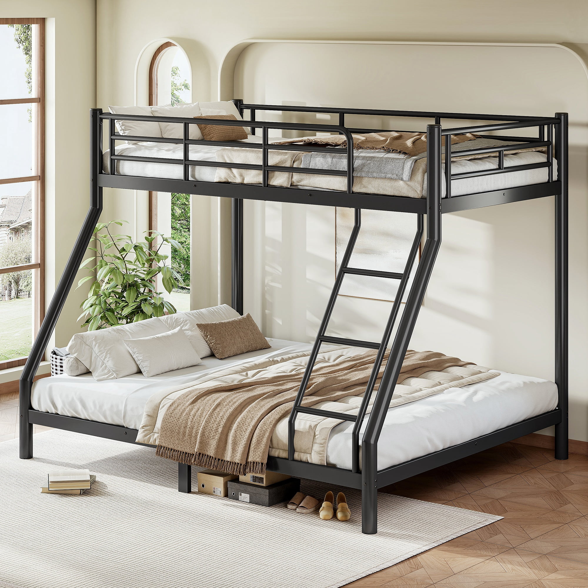 GARITIN Twin XL Over Queen Size Metal Bunk Bed 82.4 Inch, Bunk Bed Frame with Ladder and Guardrails for Teens Adults, Black