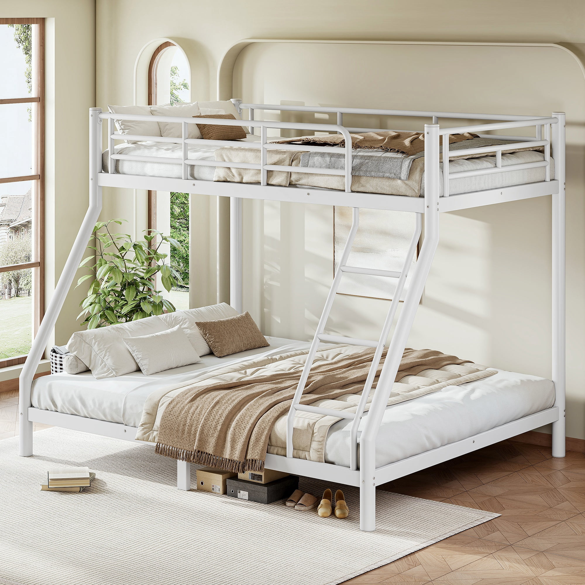 GARITIN Twin XL Over Queen Size Metal Bunk Bed 82.4 Inch, Bunk Bed Frame with Ladder and Guardrails for Teens Adults, White