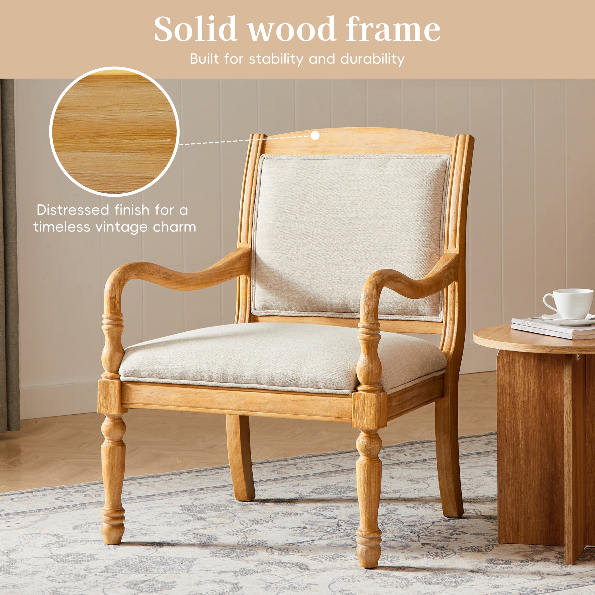 GARITIN Vintage Accent Chair 28.5 Inch, Upholstered Armchair with Solid Wood Frame and Spindle Legs for Living Room, Beige and Natural