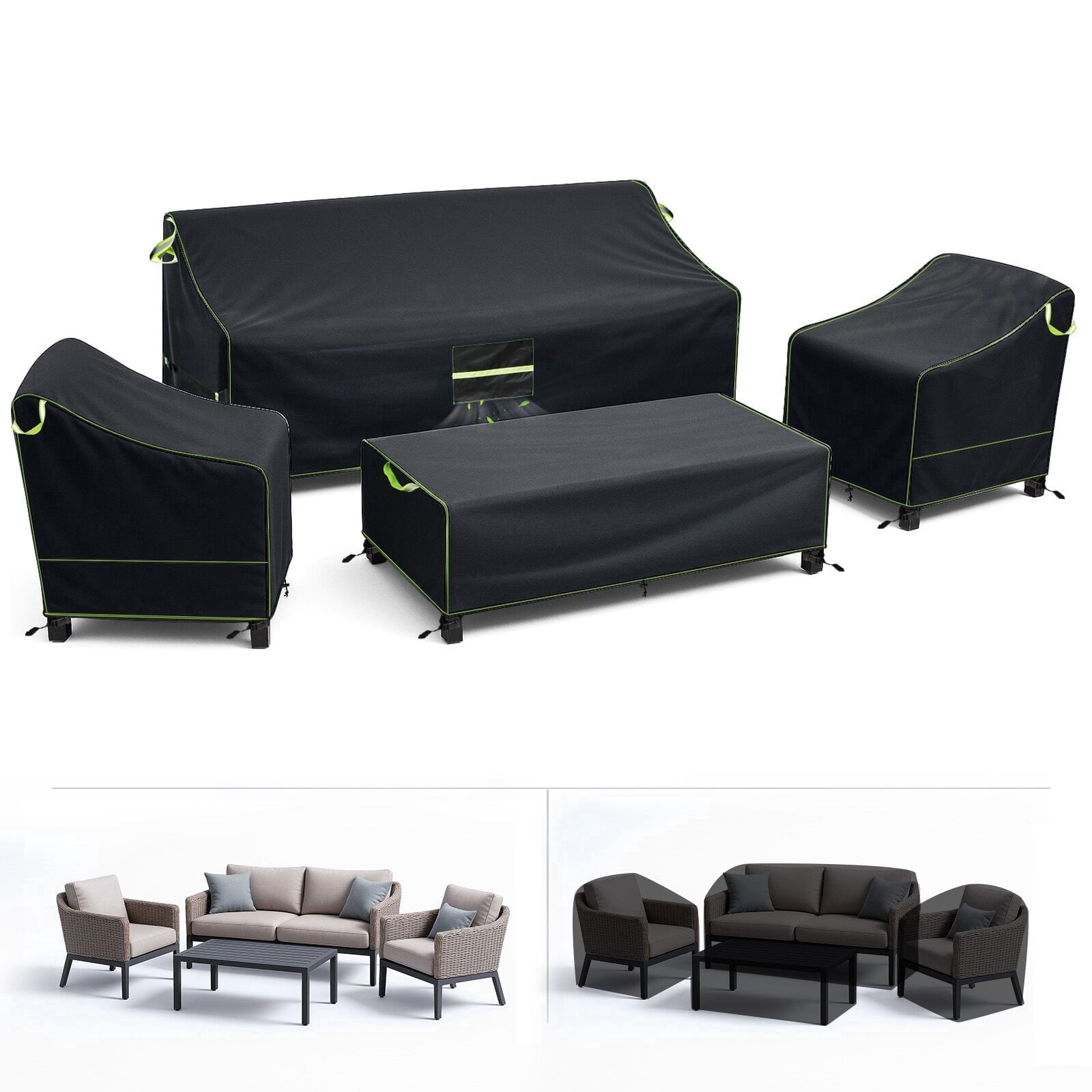 GARPROVM Patio Furniture Covers, 4 Piece Outdoor Furniture Cover Waterproof Includ Ourdoor Sofa Cover, 2 Chair Covers, Coffee Table Cover with Windproof Buckle Strap and Adjustable Drawstring-Black