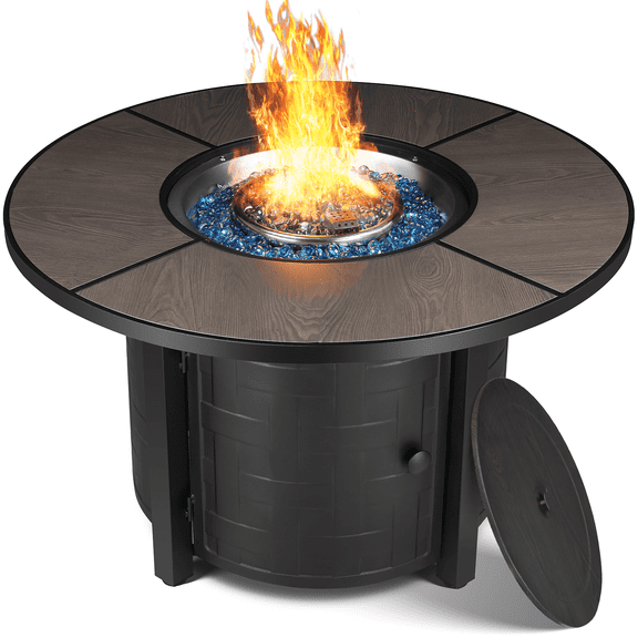 GARTIO 42" Round Propane Fire Pit Table 50,000 BTU Steel Gas Fire Pit with Removable Lid, Cover and Blue Glass Rocks, Outdoor Fireplace Set