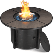 GARTIO 42 Round Propane Fire Pit Table 50,000 BTU Steel Gas Fire Pit with Removable Lid, Cover and Blue Glass Rocks, Outdoor Fireplace Set
