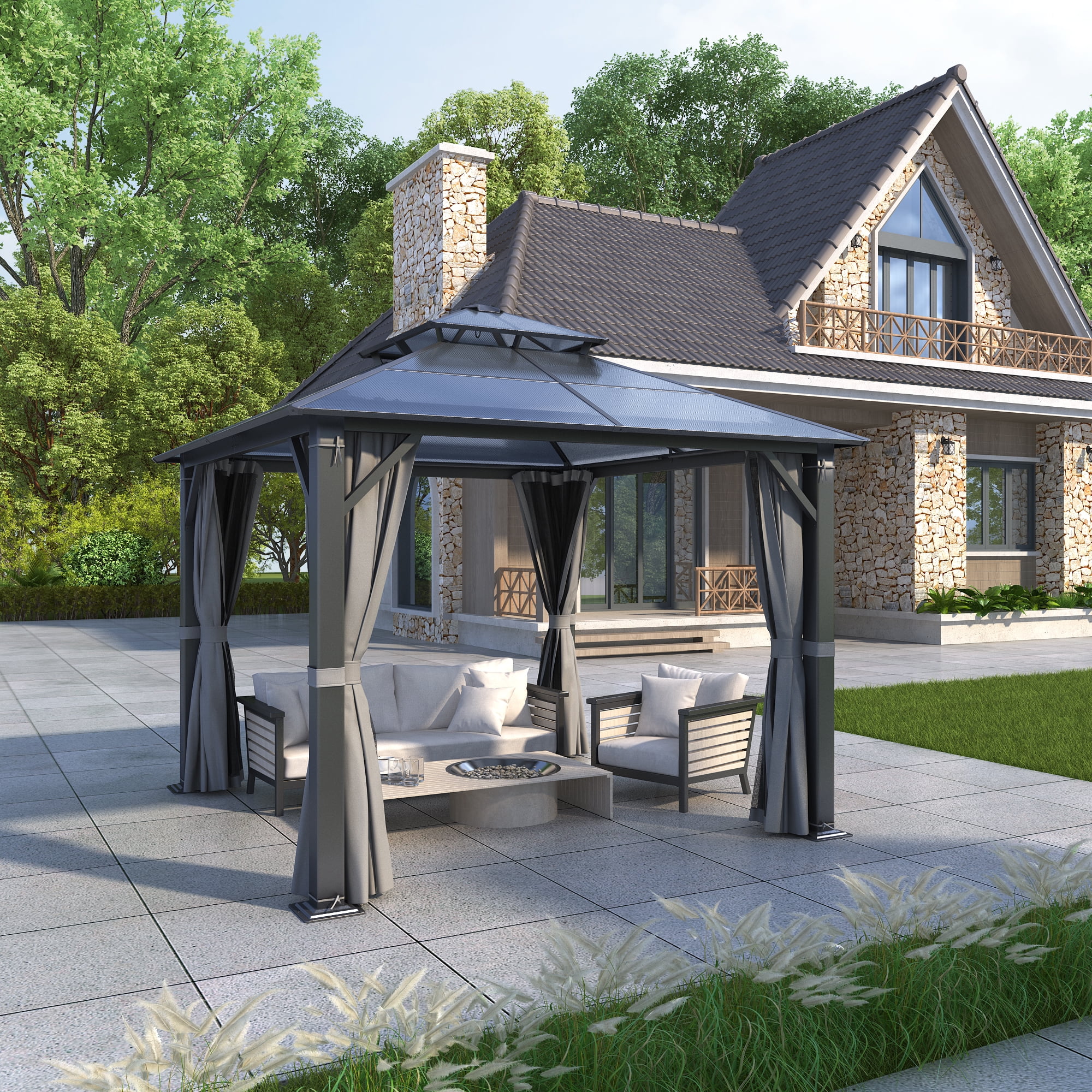GARTOO 10 Ft. x 10 Ft. Hardtop Gazebo Outdoor Double Polycarbonate Roof ...