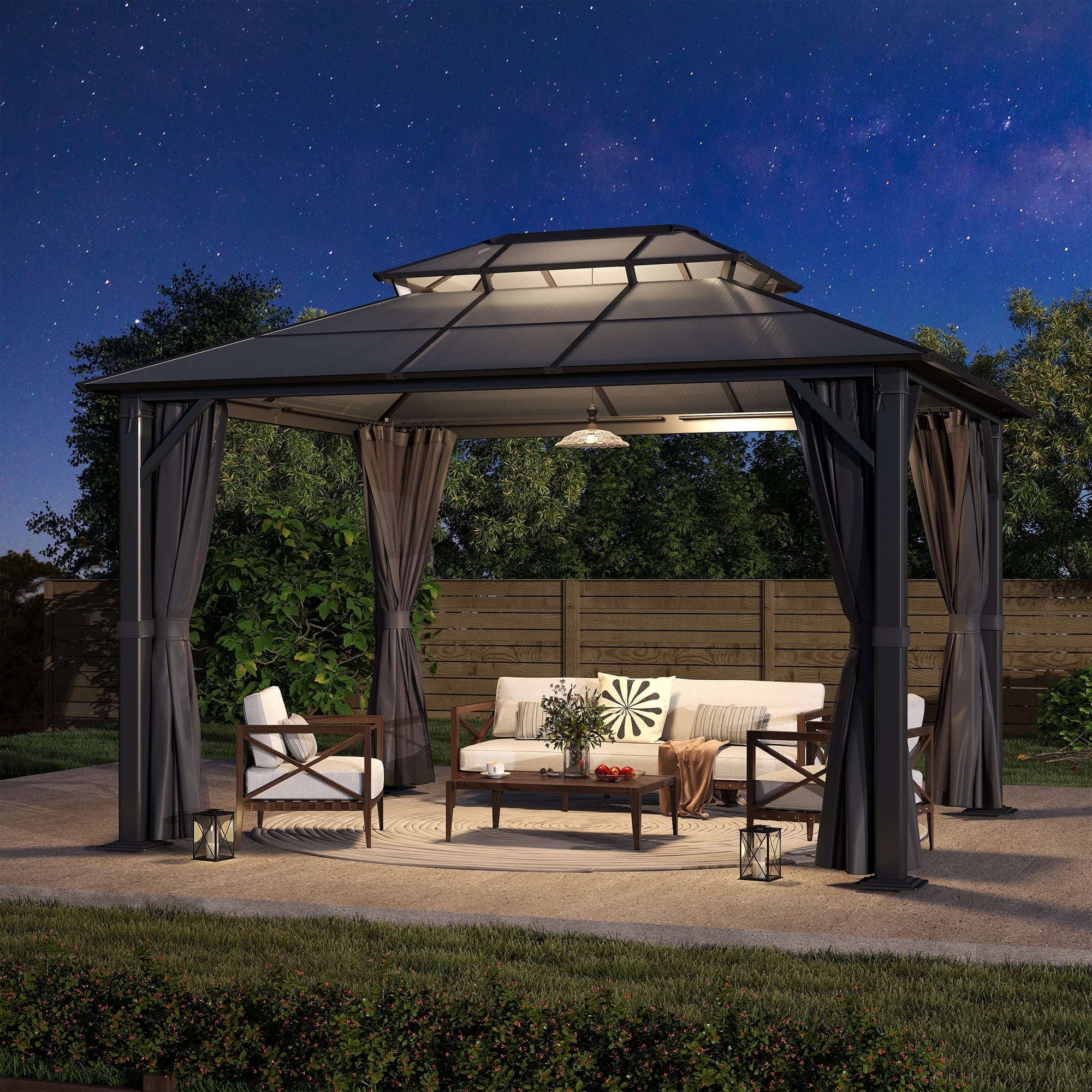 Gray Aluminum Double Roof Gazebo with Nettings and Curtains