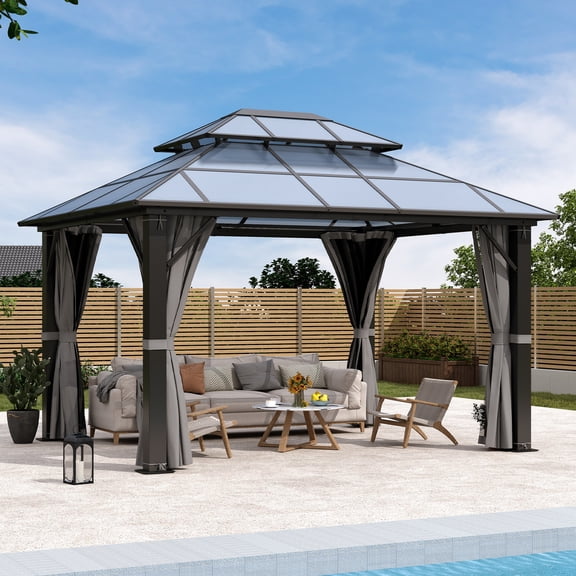 Howsvn 10 Ft. x 12 Ft. Hardtop Gazebo Outdoor Double Polycarbonate Roof Steel Frame Gazebo with Netting & Curtains, Gazebos for Patio, Backyard, Deck and Lawn