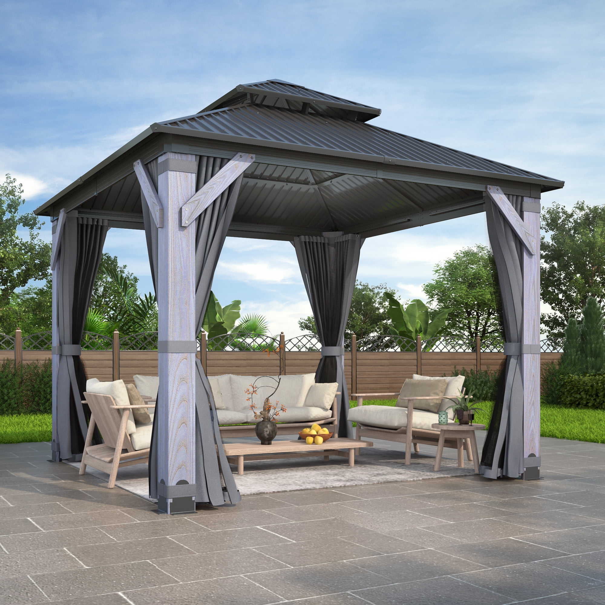 GARTOO 10 x 10 ft. Patio Cedar Wood Gazebo, Outdoor Double Roof Hardtop ...