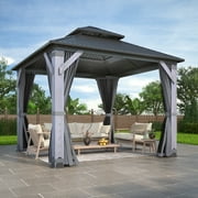 GARTOO 10 x 10 ft. Patio Cedar Wood Gazebo, Outdoor Double Roof Hardtop Wooden Gazebos with Curtains and Netting for Backyard, Deck