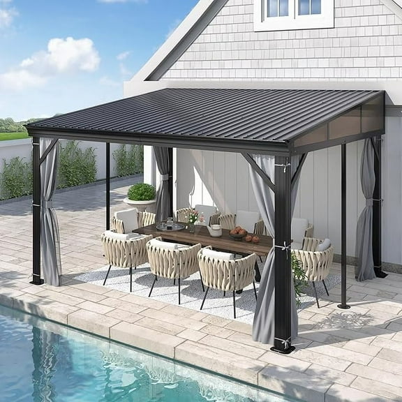 GARTOO 10' x 12' Lean to Hardtop Gazebo for Patio - Aluminum Frame Gazebos Pergola with Sloping Metal Roof, Outdoor Wall-Mounted Canopy Awnings to House for Patio, Garden, Lawn, Backyard Deck