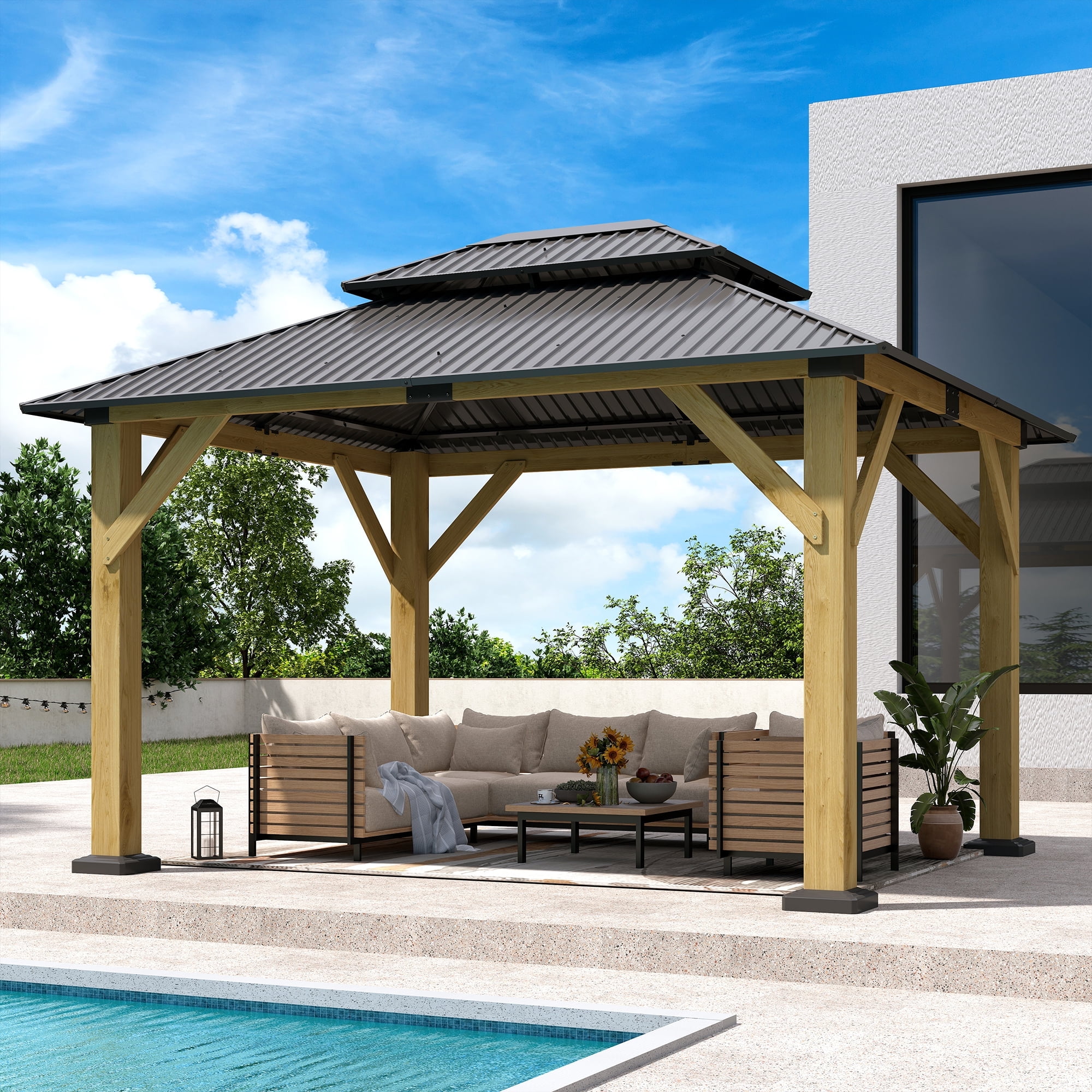 Howsvn 10 x 12 ft. Outdoor Wooden Hardtop Gazebo, Galvanized Steel Double Roof Gazebo for Patio, Backyard, Deck, Lawns