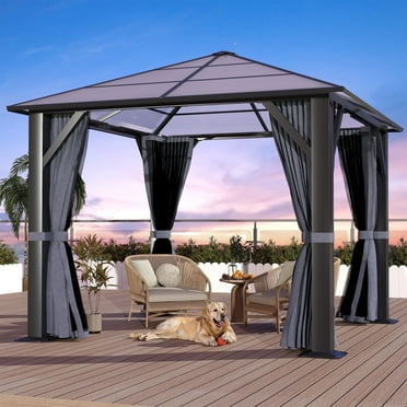 GARTOO 10' x 10' Hardtop Gazebo, Outdoor Polycarbonate Roof Gazebo with Steel Frame, Permanent Pavilion with Netting& Curtains