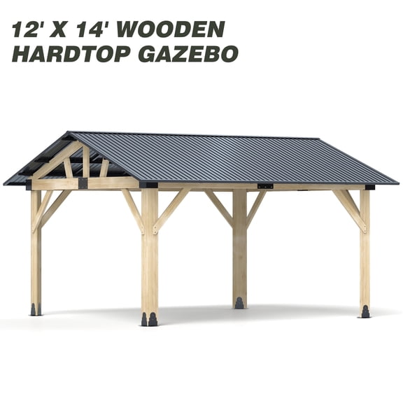 Howsvn 12FT x 14FT Large Cedar Wood Gazebo, Galvanized Steel Hardtop Roof - Heavy-duty Patio, Deck, Porch Shelter