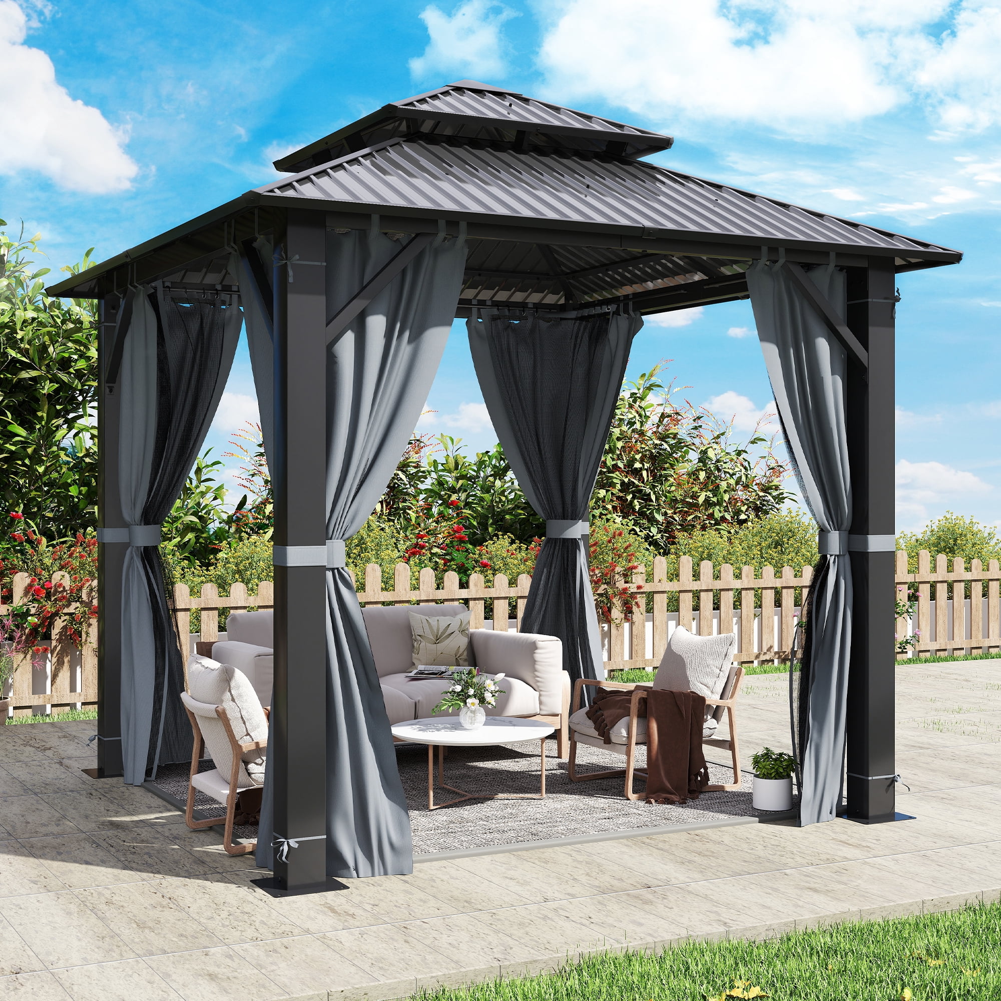 Howsvn 8.5 x 8.5 Ft. Outdoor Double Steel Roof Hardtop Gazebo, Patio Aluminum Frame Gazebos with Netting and Curtains for Garden, Backyard