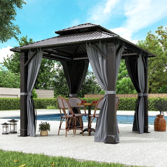 GARTOO 8.5‘x8.5’ Outdoor Gazebo with Double Roof, Aluminum Frame, Screen Netting & Privacy Curtains, Pre-installed Hooks for Fan/Light