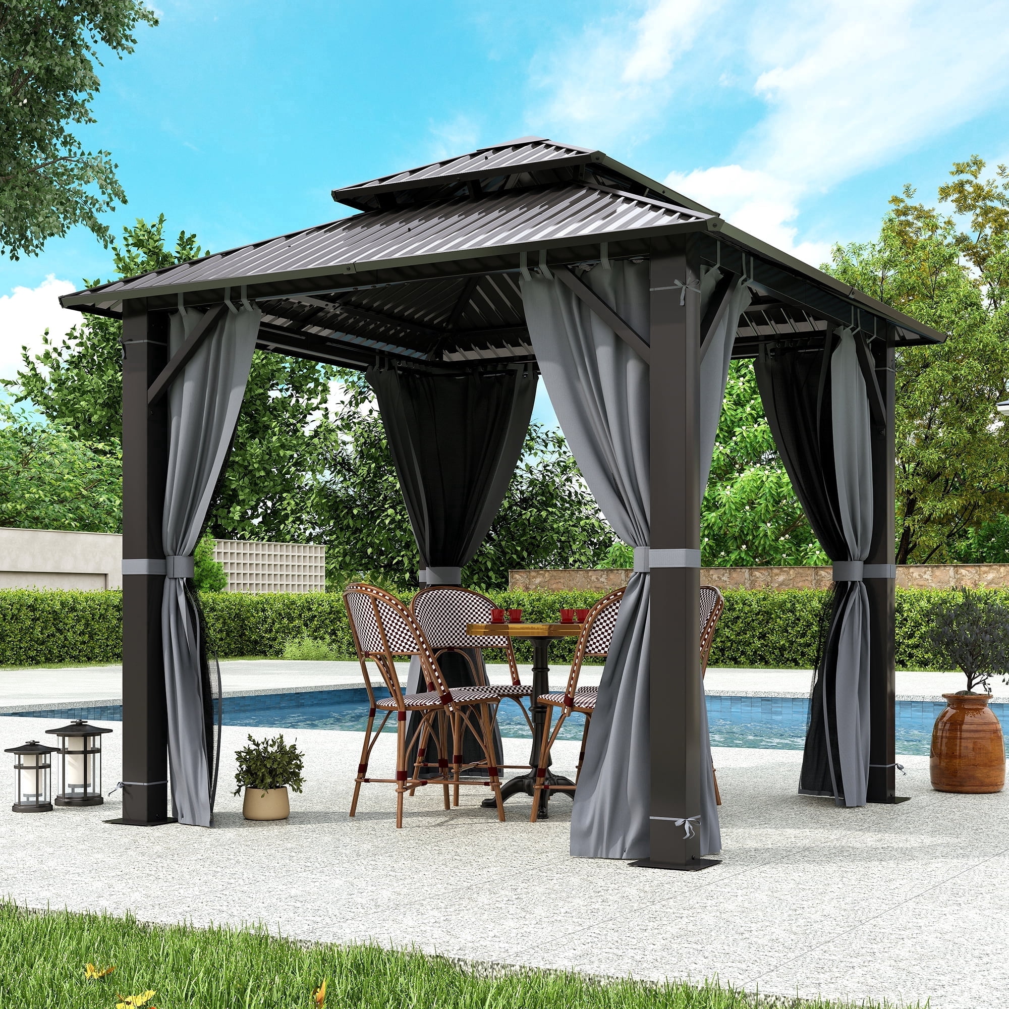 Howsvn 8.5‘x8.5’ Outdoor Gazebo with Double Roof, Aluminum Frame, Screen Netting & Privacy Curtains, Pre-installed Hooks for Fan/Light