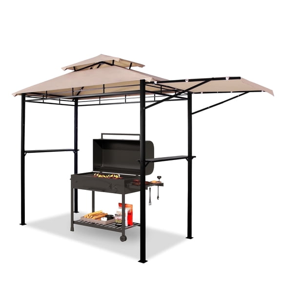 GARTOO 8'x5' Grill Gazebo with Waterproof PE Roof, Portable Outdoor BBQ Shelter Canopy for Patio Garden Camping, Single-Sided, Khaki