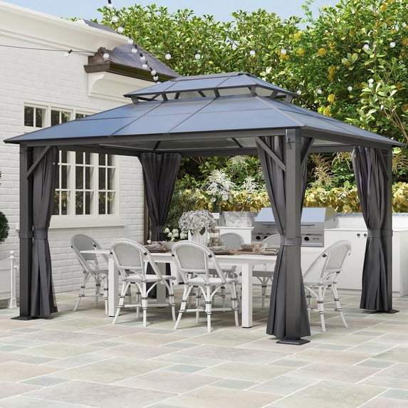 Howsvn 10’x12’ Patio Polycarbonate Canopy Gazebo,Steel Frame Double Roof Gazebo with Breathable Netting and Curtains - Perfect for Patio, Lawn, Garden