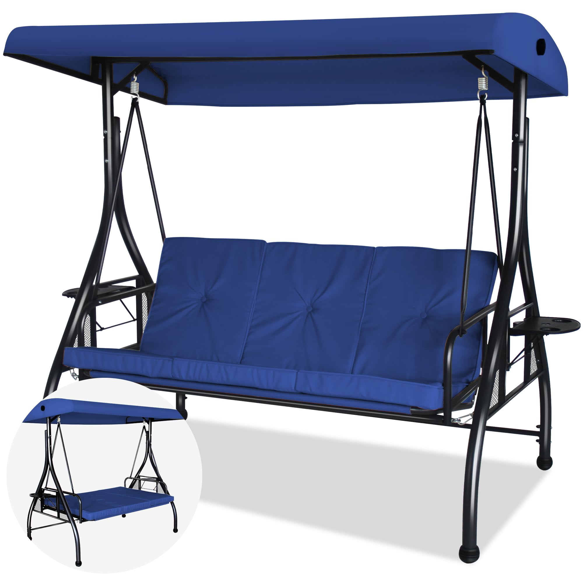 Blue Cushioned Steel Frame 3-Person Porch Swing with Adjustable Canopy