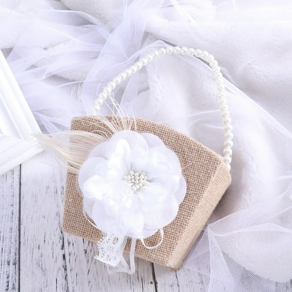 GARVALON 1Pcs Wedding Flower Girl Basket Khaki Polyester for Confetti Card Holding in Vintage Style