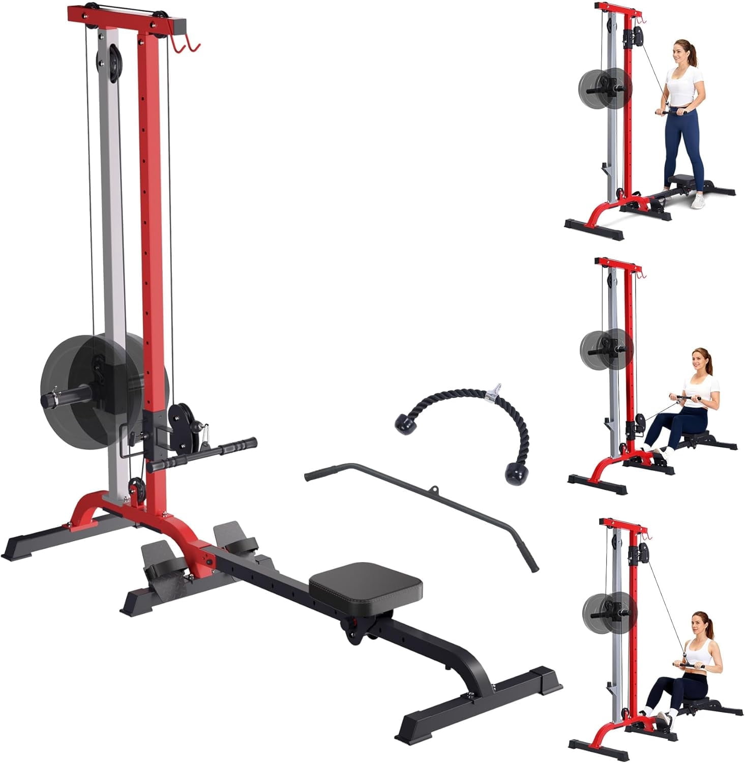 GARVEE 2 in 1 Cable Crossover Machine & Lat Pull Down Machine with Adjustable Weight and Seat,Multi-Function Compact Rowing Machines for Home Gym,Black&Red