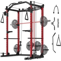 GARVEE Power Cage Home Gym,2000lbs Multi-Function Squat Rack with Cable Crossover,Pull-Up & Dip Station,LAT-Pull Down System,Workout Cage with More Attachments,Black&Red