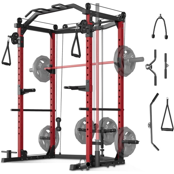 GARVEE Power Cage Home Gym,2000lbs Multi-Function Squat Rack with Cable Crossover,Pull-Up & Dip Station,LAT-Pull Down System,Workout Cage with More Attachments,Black&Red