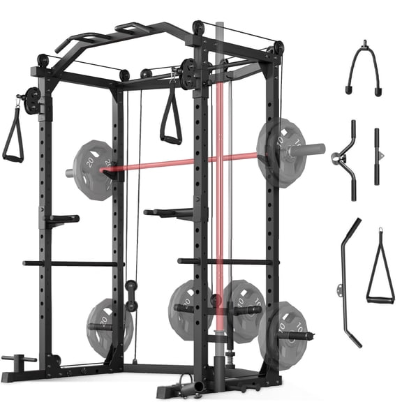 GARVEE Power Cage Home Gym,2000lbs Multi-Function Squat Rack with Cable Crossover,Pull-Up & Dip Station,LAT-Pull Down System,Workout Cage with More Attachments,Black