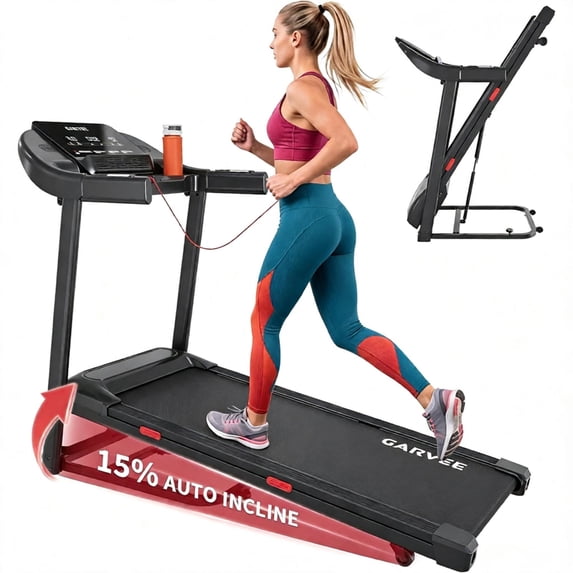 GARVEE 3.0HP Treadmill,15% Automatic Incline,0.6-8.5 MPH,350 lb Weight Capacity, App Compatible, 2 Workout Programs,LED Display