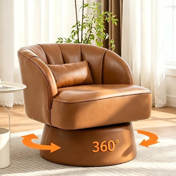 GARVEE 360° Swivel Barrel Accent Chair,Ultra-Plush PU Upholstered Round Armchair with Back,Brown,1 Count