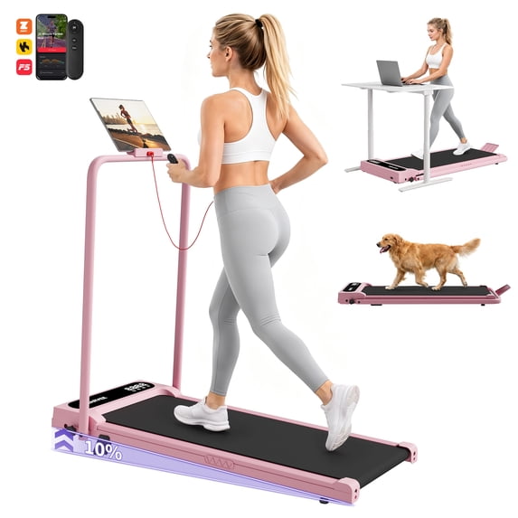 GARVEE 4-in-1 Folding Treadmill with Incline and Handlebar,3.0HP Under Desk Walking Pad,Smart App/Remote,0.6-6.2 MPH,LED Display,Pink
