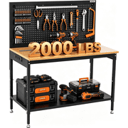 GARVEE 48x24" Adjustable Height Workbench with Pegboard,Storage Shelf,LED Light and Power Strip,2000 lb Capacity for Woodworking Shop,Garage,Home,Studio