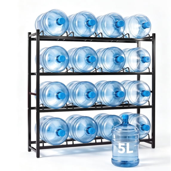 GARVEE 5 Gallon Water Jug Holder Stand,Double-Row Heavy-Duty 4-Tier Water Bottle Holder Storage Rack,Holds 16 Bottles,Black